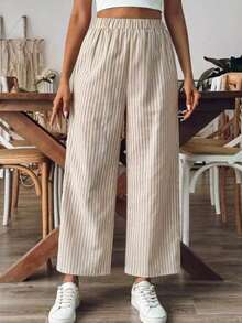 Breezaya Plus Size Women's Loose Casual Linen Striped Pants With Pockets Fall - Multicolor - View 3