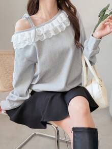 FRIFUL Women's Early Autumn New Korean Style Asymmetric Neck Lace Trim Tie-Up Patchwork Sweatshirt - Grey - View 3