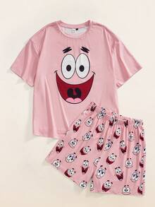 SpongeBob SquarePants | SHEIN 女款卡通印花短袖上衣與短褲睡衣套裝 - 粉色 - 查看 1
