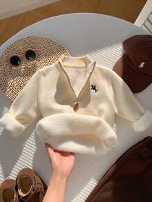 SHEIN Boys' Loose Fit Long Kids Sleeve Pullover Cardigan Autumn Sweater With Turn-Down Collar, Collegiate Style - Apricot - View 4