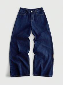 ROMWE MEN Men's Loose Fit Jeans With Tiger Embroidery Pattern - Dark Wash - View 2