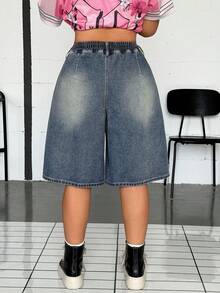 Jeanoix Y2K Casual Plus Size Women's Non-Stretch Denim Shorts, Elastic Waist Design, Distressed Washed Ripped High Street Bermuda Cowboy Outfits Blue Summer - Light Wash - View 2