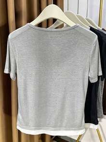 GlowEve Women's Casual Contrast Color 2 In 1 Short Sleeve T-Shirt, Summer - Grey - View 2