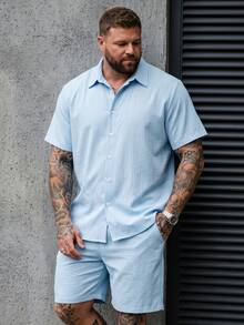 DRIVNCORE 1 Set Plus Size Men Single-Breasted Short Sleeve Shirt And Shorts Set, Holiday - Baby Blue - View 3