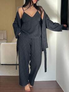 Dazy Plus 3-Piece Plaid Robe, Camisole And Long Pants Pajama Set, Spring Summer Autumn - Navy Blue - View 4