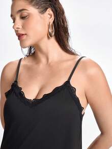 Slumbrini Plus Contrast Lace Split Hem Cami Pajama Nightdress Halloween Lingerie - Black - View 7