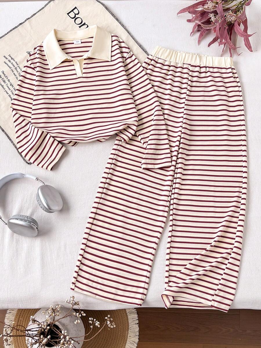 Girls' White Long Sleeve Polo Top And Long Pants Set, Fall Outfits, Fall Tops, Suitable For Autumn/Winter Wear - Apricot - View 1