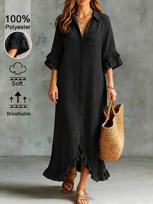 Linhara CURVE Plus Size Women's Solid Color Casual Daily Summer Dress - Black - View 4