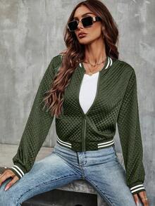 SHEIN Women's Solid Color Long Sleeve Zip-Up Thin Baseball Jacket - Green - View 3