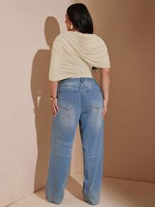SHEIN BAE CURVE بودي سوت أنيق وجذاب بلون موحد وتصميم غير متماثل، مقاس كبير، رمادي، مناسب للسهرات والحفلات في الصيف - لون مشمشي - مشاهدة 2