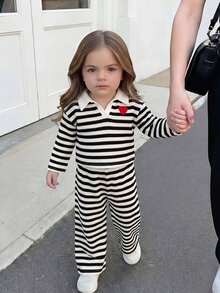 SHEIN Baby Girl Knitted Striped Collar Casual T-Shirt And Long Pants 2 Pieces Set - Black and White - View 1