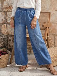 EMERY ROSE Celana Jeans Kasual Longgar Wanita dengan Pinggang Elastis dan Kantong - Biru - View 3