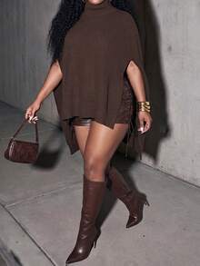 Slaydiva Plus Size Autumn/Winter Fashion Solid Color Stand Collar Cape Knit Dress - Brown - View 6