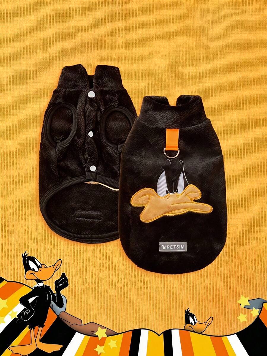 LOONEY TUNES X PETSIN 1pc Embroidered Black Duck Plush Warm Sleeveless Non-Slip Jacket With Traction Buckle For Cats And Dogs, Great For Indoor Warmth Or Secure Outdoor Adventures - Black - View 1