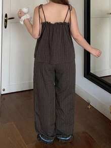 Dazy Plus Fashionable Plaid Colorblock Patchwork Cute Camisole Top And Long Pants Brown Spring Summer Autumn Pajama Set - Brown - View 3