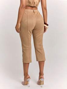 SHEIN BAE Women's Casual Elegant Commute Low Waist Capri Pants With Tie Design, Slim Fit, Camel Suede, Work Wear, Daily Wear Brunch Going Out Summer - Brown - View 2