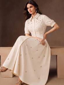 Anewsta Summer New Style Lapel Bead & Rhinestone Decor Waist-Defining Fashion Casual Versatile Shirt Dress - Beige - View 2