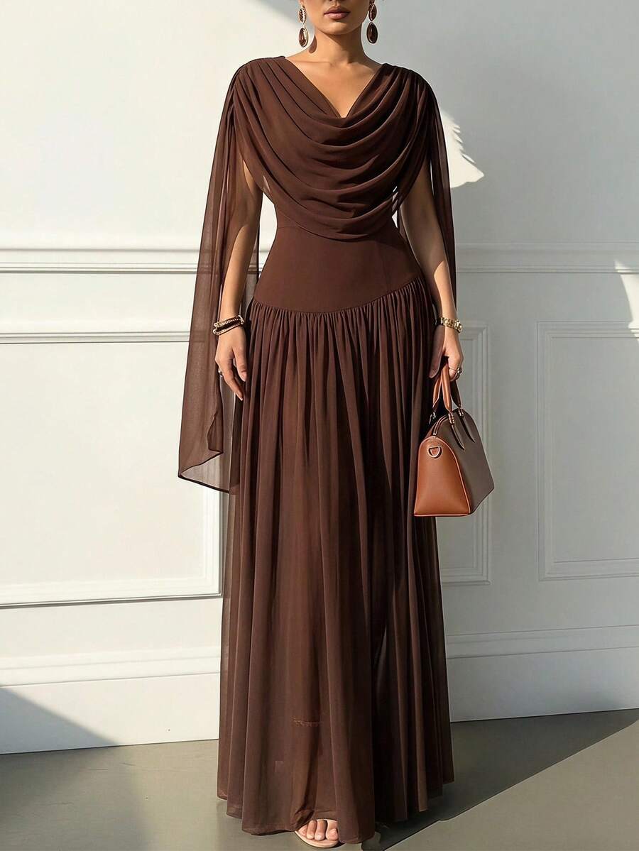Modelyn Women's Elegant Scoop Neck Long Dress, Minimalist Design For Summer - Coffee Brown - View 1