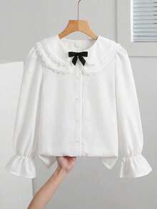 SHEIN 少女白色雙層彼得潘領優雅長袖學院風正式襯衫，適合學校、開學季、正式場合、表演、姐妹聚會，蕾絲拼接領設計，淑女風上衣 - 白色 - 查看 1