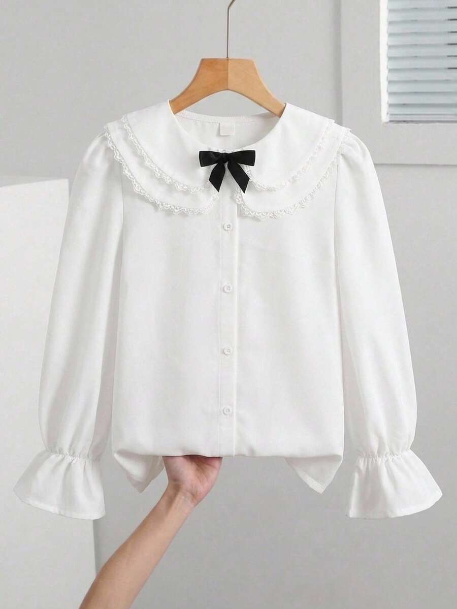 SHEIN 少女白色雙層彼得潘領優雅長袖學院風正式襯衫,適合學校、開學季、正式場合、表演、姐妹聚會,蕾絲拼接領設計,淑女風上衣 - 白色 - 查看 1