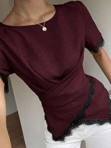 Siren Gaze Blusa Feminina Nova Primavera/Verão com Renda e Patchwork, Cintura Marcada - Vinho - Visão 3