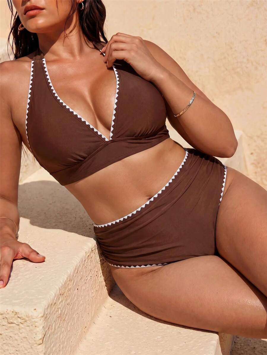 Swim Chiccia 大尺碼女款兩件式純色休閒泳衣套裝 - 咖啡棕 - 查看 1