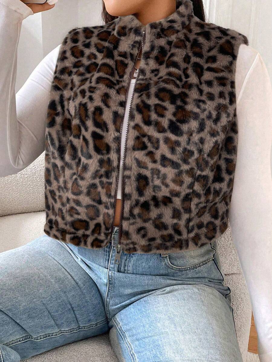 SHEIN EZwear 大码女式拉链前羊毛豹纹夹克,秋冬豹纹背心女式背心 - 棕色 - 查看 1