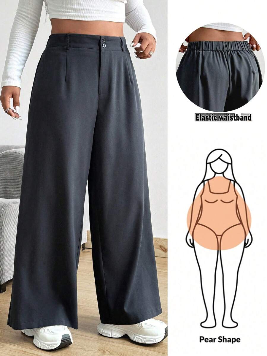 Vionelle Plus Size Loose Straight Wide Leg Pants With Pockets, Solid Color Fall Cloth For Women - Dark Grey - View 1