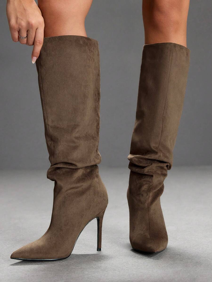 CUCCOO SZL Women's Rhinestone Pointed Toe Pleated Thigh High Boots, Fashionable For Date & Party Outfit For Christmas Spring Shoes - deep khaki - View 1