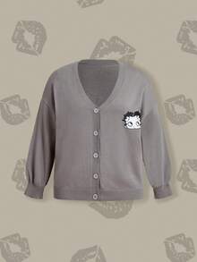 Betty Boop x SHEIN Plus Size Casual, Minimalist, Black And White Cartoon Figure Pattern, Warm, Suitable For Daily Wear, Autumn, Dark Grey Cardigan - Grey - View 2
