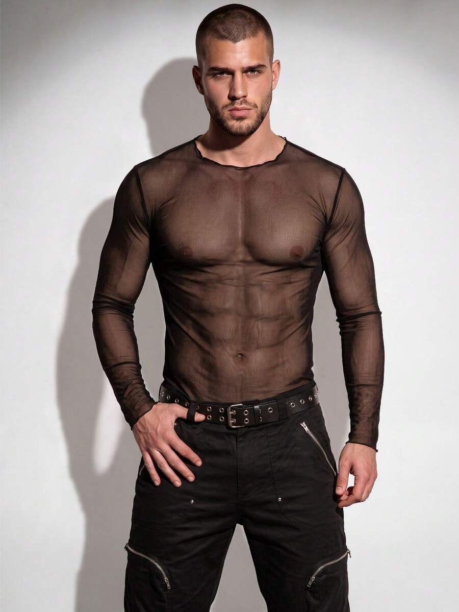 DSELFIQUE Men's Solid Color Mesh Sheer Casual Long Sleeve T-Shirt For Daily Wear - Black - View 1