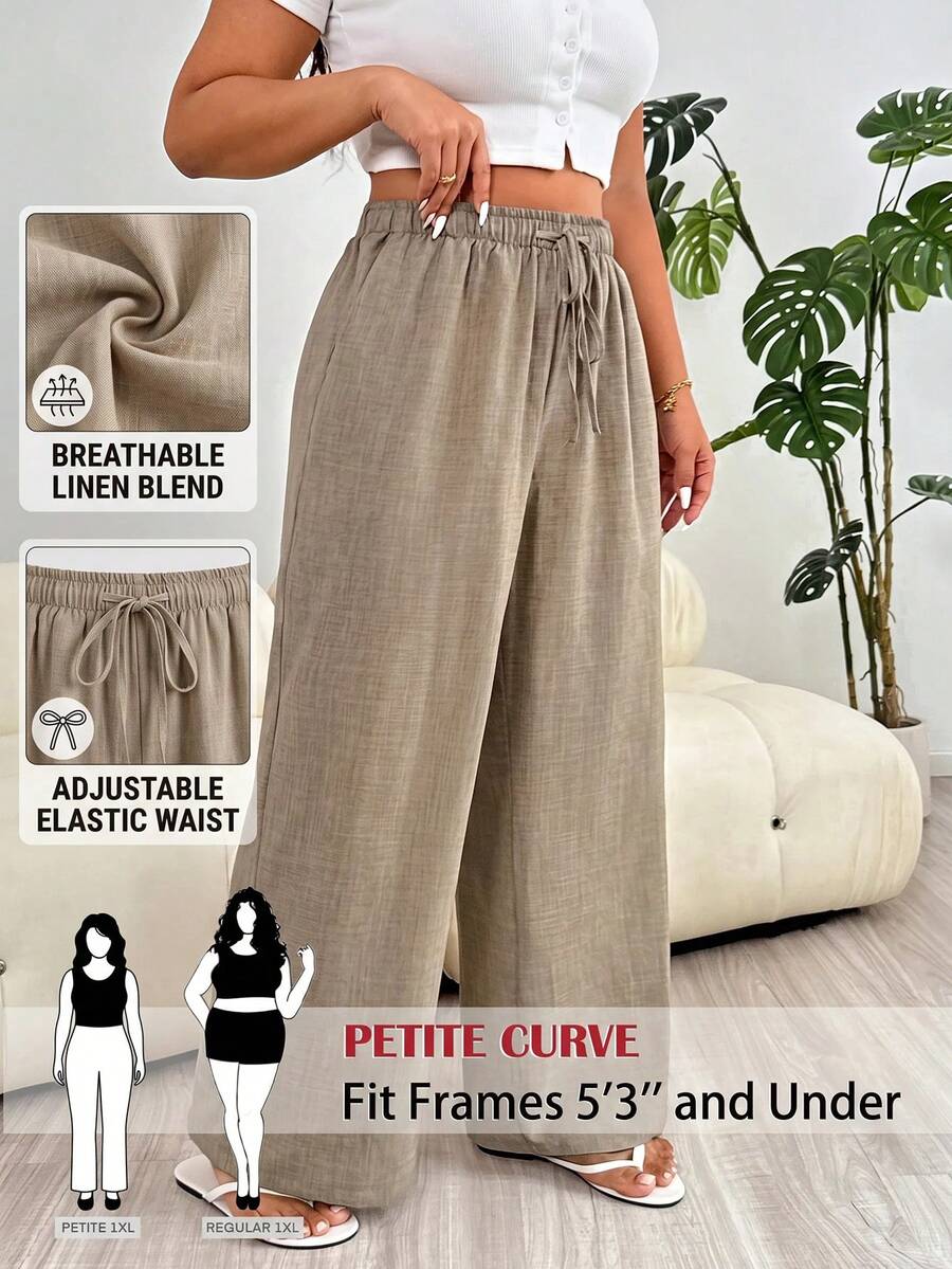 SHEIN PETITE CURVE Plus Size Casual Loose Pants For Vacation Bussines Vacation Khaki Summer Bussines Vacation - Camel - View 1