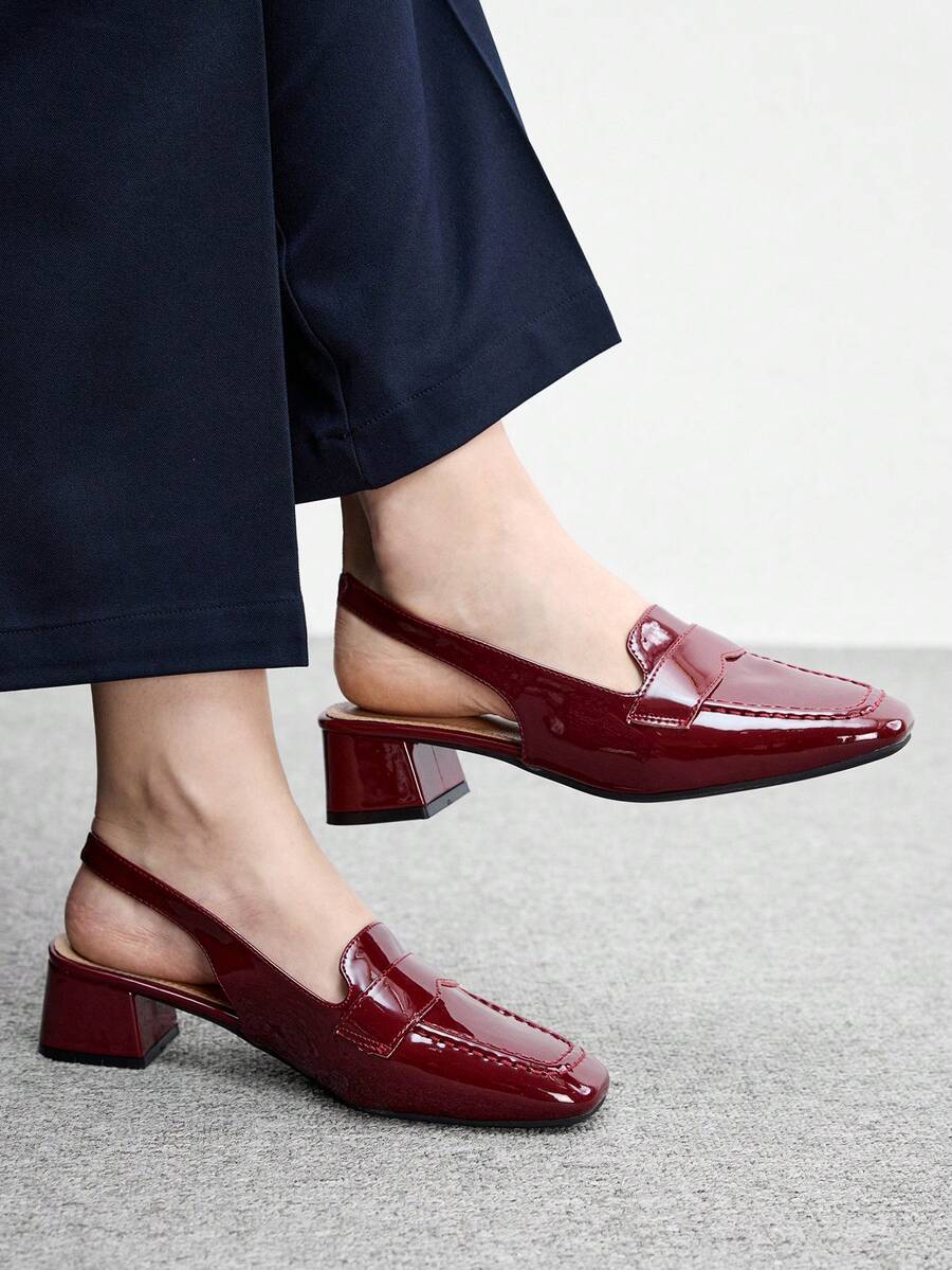 CUCCOO BIZCHIC 女款方跟酒紅鏡面時尚簡約高跟鞋 後扣帶款 度假穿搭 百搭舒適 通勤穿著 老錢風女鞋 - 酒紅色1 - 查看 1