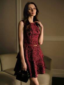 MOTF PREMIUM FASHIONABLE ELEGANT CINCHED WAIST A-LINE ROSE JACQUARD WOMEN'S DRESS - Burgundy - View 3