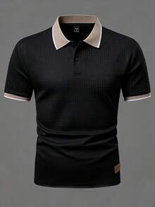 Daypath Camisa polo de punto jacquard con textura de unicolor, cuello y puños acanalados con 2 botones para hombre - Negro - Ver 5