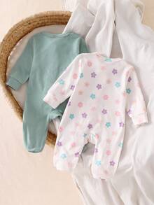 SHEIN Vintaside Kids 2件裝新生兒男嬰休閒針織睡衣，可愛卡通恐龍圖案 - 綠色 - 查看 2
