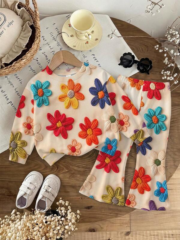 Baby Girl Casual Cute Textured Floral Print, American Vintage Style, Soft Thick Crew Neck Long Sleeve Sweatshirt & Flared Pants Set, Suitable For Autumn/Winter, Graphic, Cozy, Girls Outfit Sets, Y2K, Vintage, Kawaii