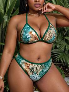 Slaydiva Bikini Dua Potong Ukuran Plus Wanita Musim Panas 2026 Terbaru, Bawahan Segitiga Pinggang Sedang Motif Leopard Leher V - MultiWarna - View 4