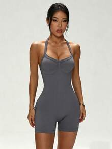 Slayform Slayform Seamless Knit Sexy Halter Backless Women's Sports Romper - Grey - View 2
