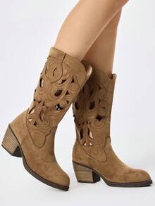 ROMWE Fairycore Women's Brown Western Boots, Pointed V-Cut Thick Heel Embroidered Boots, Low Heel Clogs, Zip Knight Boots And Ankle Boots Spring Shoes - Brown. Hollow. - View 1
