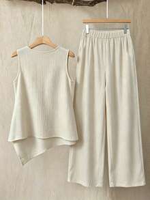 SHEIN LUNE CURVE 大尺碼素色背心上衣與長褲兩件套，杏色夏季休閒度假上班穿搭 - 杏色 - 查看 3