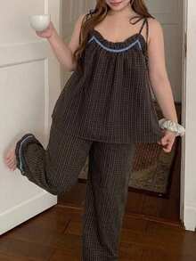 Dazy Plus Fashionable Plaid Colorblock Patchwork Cute Camisole Top And Long Pants Brown Spring Summer Autumn Pajama Set - Brown - View 2