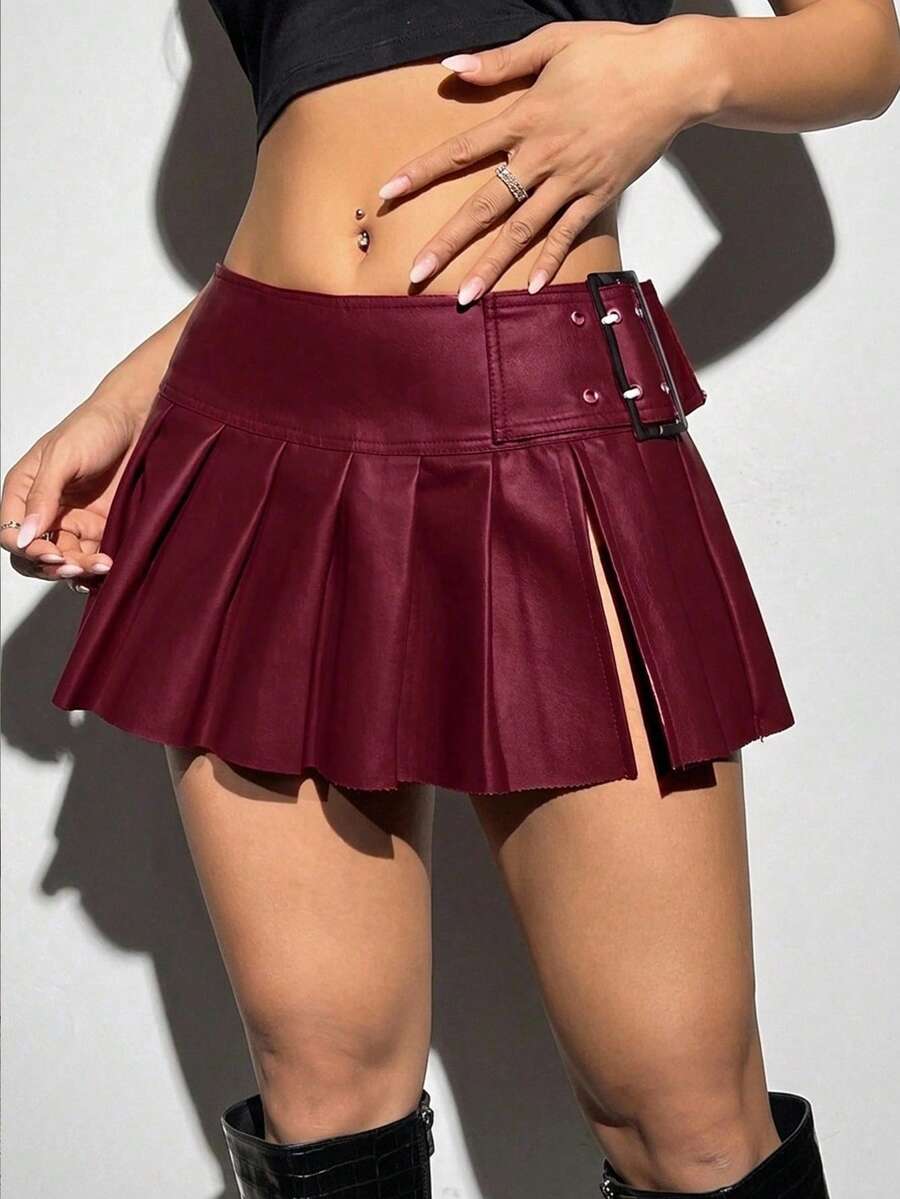 SHEIN ICON Y2k Black 90s Low Rise Buckle Detail Pleated Hem Skirt - Red Violet - View 1