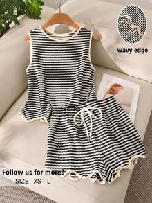 Story & Sage Women's Casual Home & Vacation 2-Piece Set, Spring/Summer, Colorblock Trim, Striped, Apricot & White, Sleeveless Tank Top & Shorts With Pockets - Black and White - View 2