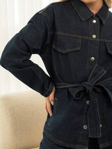 Ximena Robles Ximena Robles Autumn/Winter New Loose Casual Distressed Wash Waist Cinched Women Denim Suit - Blue - View 3