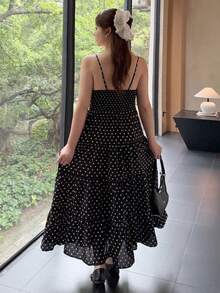 Bijouette 大尺碼女款波點簡約可愛甜美風休閒優雅度假細肩帶洋裝，適合約會與約會之夜，滿版黑白配色夏季款 - 黑與白 - 查看 3
