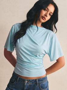 Poéselle 女款休閒淺藍色抓皺腰上衣，適合外出、日間、度假、夜晚穿著，荷葉袖上衣，夏季款 - 水鴨藍 - 查看 1