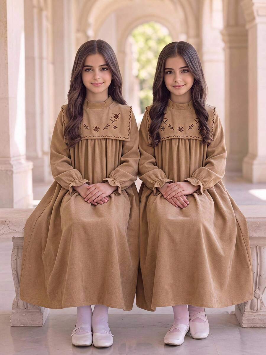 Vintaside Kids 女童卡其色艺术长袖套头连衣裙，饰有优雅刺绣领口和A字廓形，适合外出、休闲穿着和生日派对。