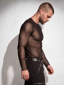 DSELFIQUE Men's Solid Color Mesh Sheer Casual Long Sleeve T-Shirt For Daily Wear - Black - View 2