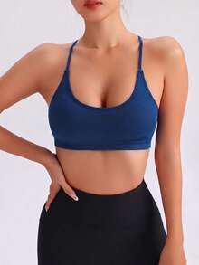SHEIN Sports Sujetador deportivo sin costuras de color liso con espalda descubierta y cuello halter - Azul Marino - Ver 2